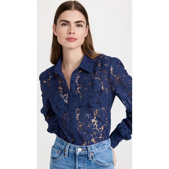 Generation Love Navy Jada Lace Blouse Button Down Top Size Small - Picture 1 of 14